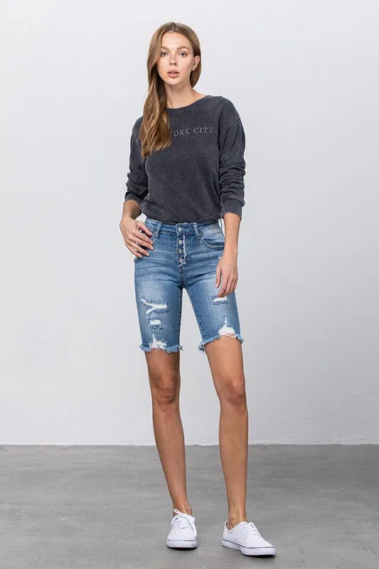 The Sandbar High Rise Skinny Denim Midi Shorts