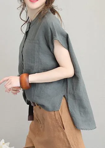 Unique o neck linen tops women blouses low high design Plus Size Clothing gray green shirt