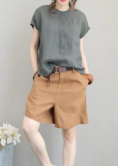 Unique o neck linen tops women blouses low high design Plus Size Clothing gray green shirt