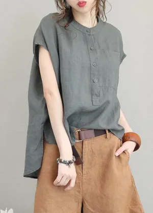 Unique o neck linen tops women blouses low high design Plus Size Clothing gray green shirt